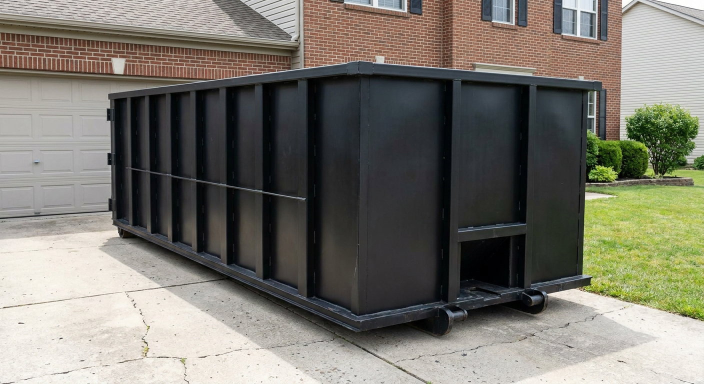 Matte-black 20-yard roll-off container on a Las Vegas residential concrete driveway with reinforced ribbed steel sidewalls and a hinged rear walk-in door, clean bright daylight.