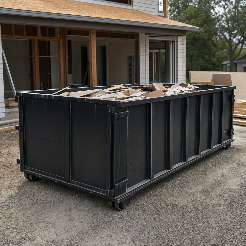 Large matte-black 30-yard construction roll-off dumpster at an active Las Vegas jobsite, steel-gray top rails and bottom rollers visible, loaded with construction debris.