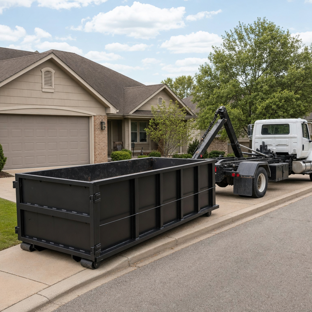 Wide documentary shot of a matte-black roll-off dumpster on a Las Vegas residential driveway in the foreground and a contractor jobsite container in the soft-focus background, bright daylight, calm and orderly composition.