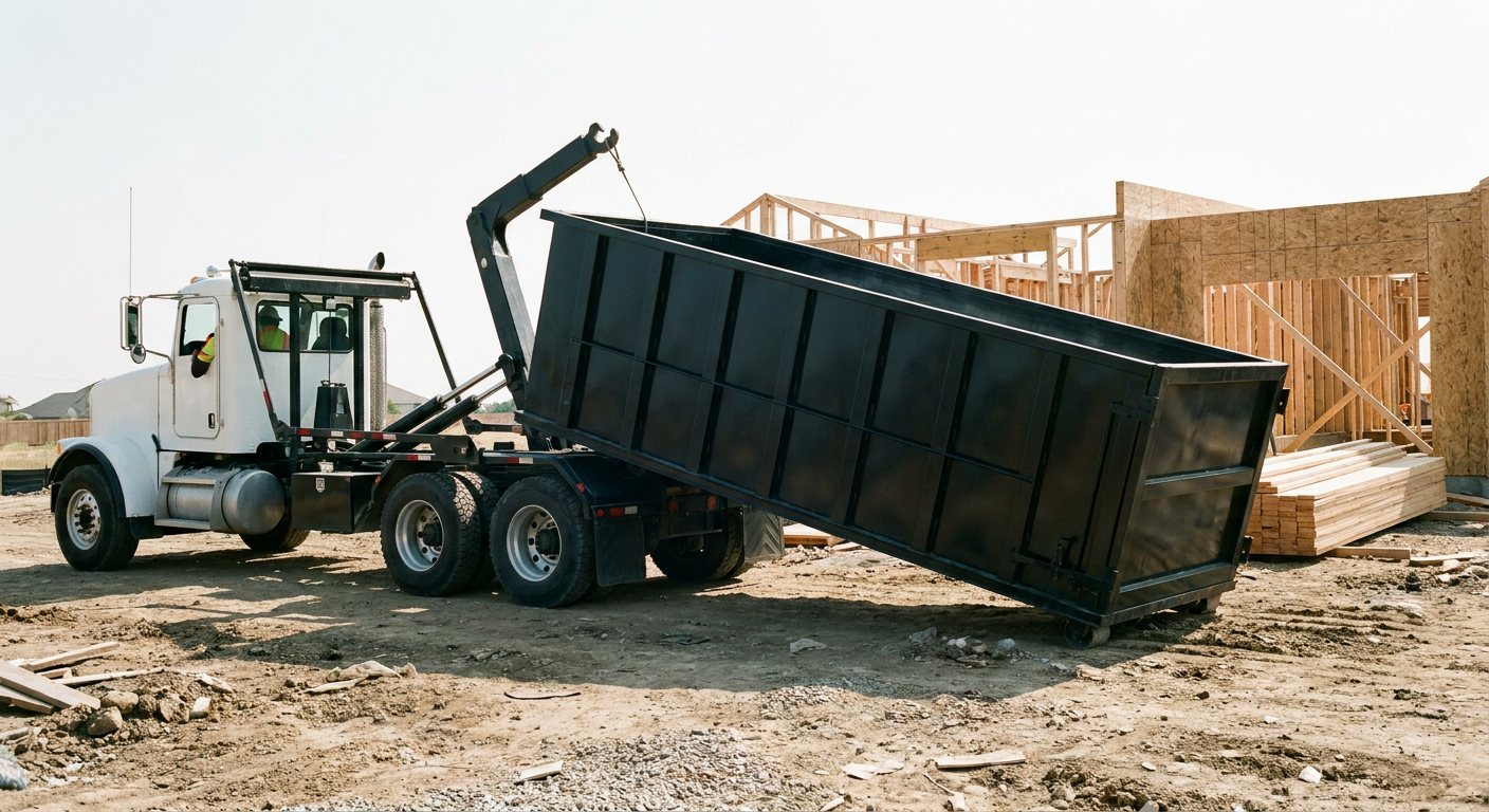 Matte-black roll-off dumpster being delivered onto a clean residential concrete driveway in Las Vegas by an unmarked white hooklift hauler truck, bright morning daylight, documentary 35mm perspective.