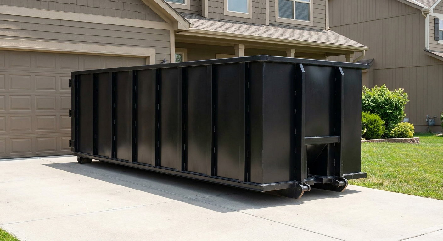 Matte-black residential roll-off dumpster sitting directly on a suburban Las Vegas concrete driveway, garage door closed, single-family home in background, bright morning daylight.