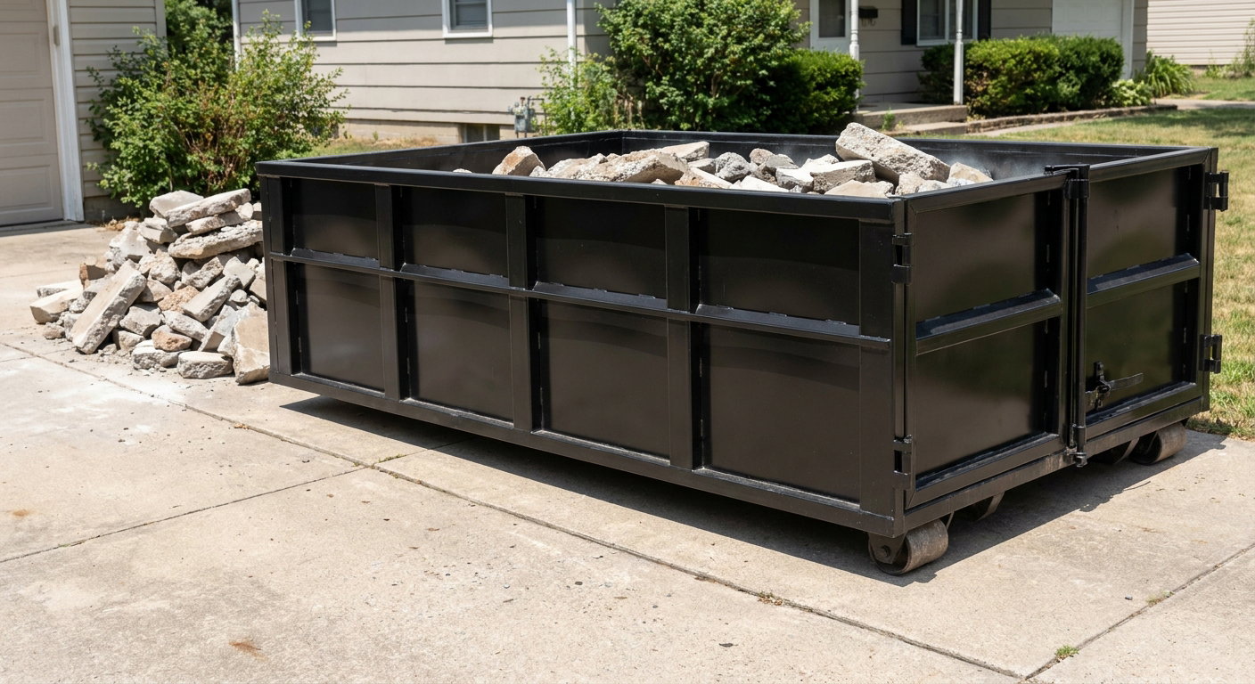 A matte-black low-side heavy-debris roll-off dumpster placed directly on a Las Vegas concrete driveway, with broken concrete chunks neatly stacked beside it under clean daylight.